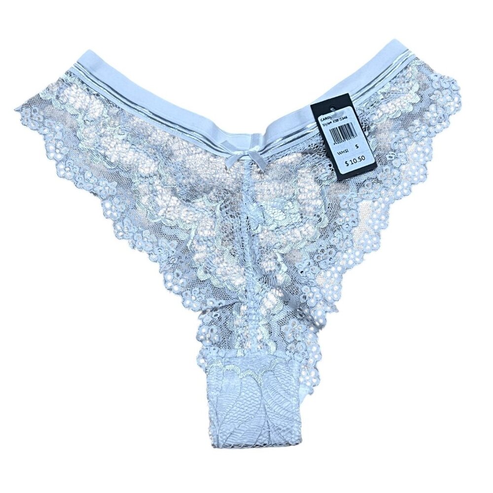 Fredericks of Hollywood NWT Caroline Lace Thong Panty Silver with Bow Sz S White